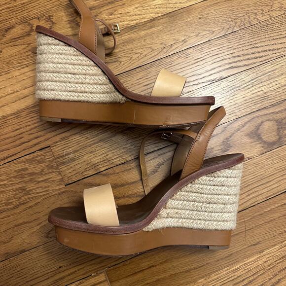 Tory Burch Malaga Wedge Tan Cream Leather Sandals - Picture 4 of 8
